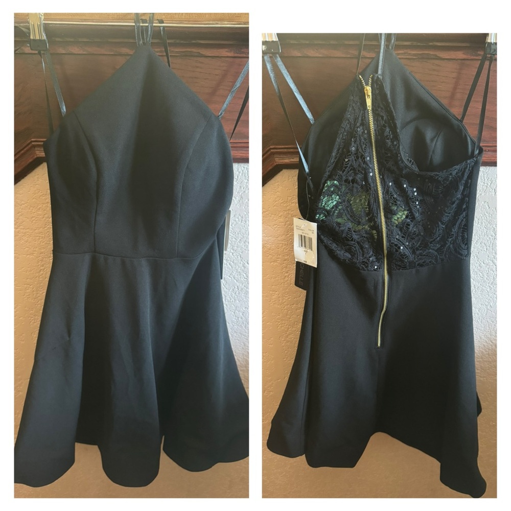 My Michelle Women’s 0 Black Halter Mini Dress with Lace Detail Cocktail Dress